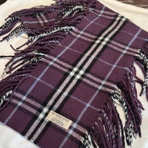 Burberry eggplant, black, white, baby blue 100% cashmere plaid Scarf